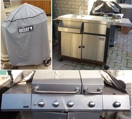 Stainless steel cooking station with sink
Kenmore large gas grill with side burner
Propane tanks
Red iron lanterns
Weber Charcoal grill
