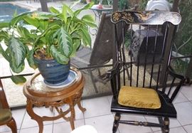 Heavy Breakfast table with 4 tall ladder back, thrush seats chairs. Stenciled rocker, vintage barrel chair, Victorian side table with removable tray, Asian urn table, Original framed art.  Live plants