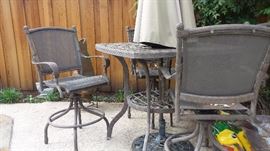 Bar height TABLE SET, 4 chairs, umbrella and umbrella base