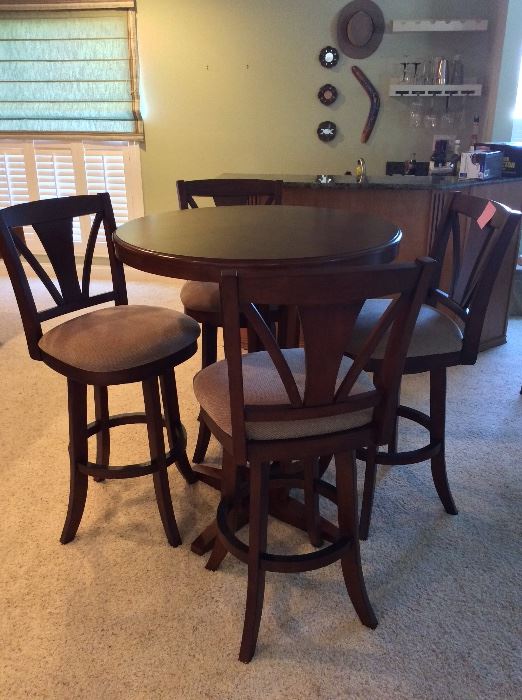 Round Highboy Table with 4 tall upholstered chairs. 42"H, 36" diameter. 