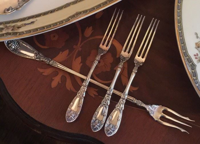 LaVigne strawberry forks and long handle fork.  Shows the inlay on the French style table