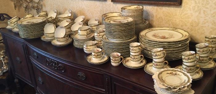 Extensive set of the incredible Noritake Windsor pattern with birds.  Cream soups, bullion, all plate sizes, cups and saucers, serving pieces.  