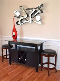 Sideboard, stools and signed abstract wall art
