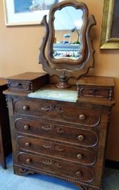 Antique Drop Center, 4-Drawer Victorian Dresser & Mirror