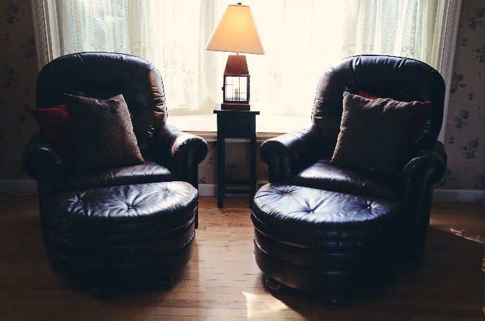 Leather Armchairs with Half Moon Ottomans