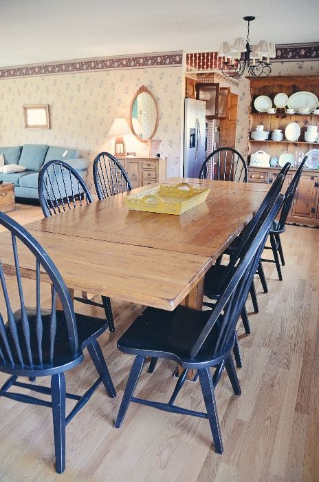 Broyhill Attic Heirlooms Rustic Oak Collection - Harvest Table with 10 Black Windsor Chairs (includes 2 Captain's Chairs), Pottery Barn Wooden Tray, La-Z-Boy Sofa, Antique Wooden Mirror, China Cabinet, Noritake "N149" China Set for 12