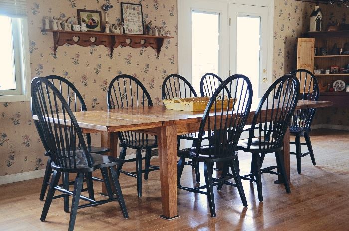 Broyhill Attic Heirlooms Rustic Oak Collection - Harvest Table with 10 Black Windsor Chairs (includes 2 Captain's Chairs), Pottery Barn Wooden Tray, Willow Tree Angel Collection, Hand Stitched Artwork