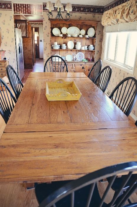 Broyhill Attic Heirlooms Rustic Oak Collection -  Harvest Table with 10 Black Windsor Chairs (includes 2 Captain's Chairs), Pottery Barn Wooden Tray, China Cabinet, Noritake "N149" China Set for 12