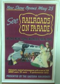 “Railroads on Parade” New York World’s Fair 1940 Poster.
Linen-backed! Vibrant colors. Approx. 42” tall x 28” wide.
Upper-left edge tears, damage. Upper-right edge 1st layer damage. White dot (missing ink; manufacturer’s flaw) above top word “opens.” White dot (missing ink; manufactur-er’s flaw) at left side of engine.
Free “R on P” program, playbill, some tickets & brochures may be offered, from the two fair years.
THIS POSTER IS AVAILABLE ONLY ON THE FRIDAY, APRIL 7th SALE DAY, UNLESS INCLEMENT WEATHER/CONDITIONS. CLEAR WEATHER/CONDITIONS ALTERNATE SALE DATE, FOR THIS ITEM, IS SUNDAY, APRIL 9th.
