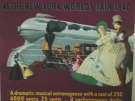 “Railroads on Parade” New York World’s Fair 1940 Poster
Linen-backed! Vibrant colors. Approx. 42” tall x 28” wide.
Upper-left edge tears, damage. Upper-right edge 1st layer damage. White dot (missing ink; manufac-turer’s flaw) above top word “opens.” White dot (missing ink; manufactur-er’s flaw) at left side of engine.
Free “R on P” program, playbill, some tickets & brochures may be offered, from the two fair years.
THIS POSTER IS AVAILABLE ONLY ON THE FRIDAY, APRIL 7th SALE DAY, UNLESS INCLEMENT WEATHER/CONDITIONS. CLEAR WEATHER/ CONDITIONS ALTERNATE SALE DATE, FOR THIS ITEM, IS SUNDAY, APRIL 9th.