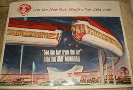 Massive AMF Monorail New York World’s Fair Panorama 1964/65 Poster:
Linen-backed! Vibrant colors. Approximately 40” tall x 60” wide, plus linen border. In our knowledge/experience, this is one of only two that have been come across, in this size.
THIS POSTER IS AVAILABLE ONLY ON THE SATURDAY, APRIL 8th SALE DAY, UNLESS INCLEMENT WEATHER/CONDITIONS. OTHERWISE, CHECK TREASUREEVERMORE.COM WEBSITE “SALES PAGE” FOR A FUTURE APPEARANCE.