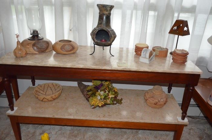 Marble Top Coffee Tables, Carved Maple Decorative Pieces and Pottery Candle Holder