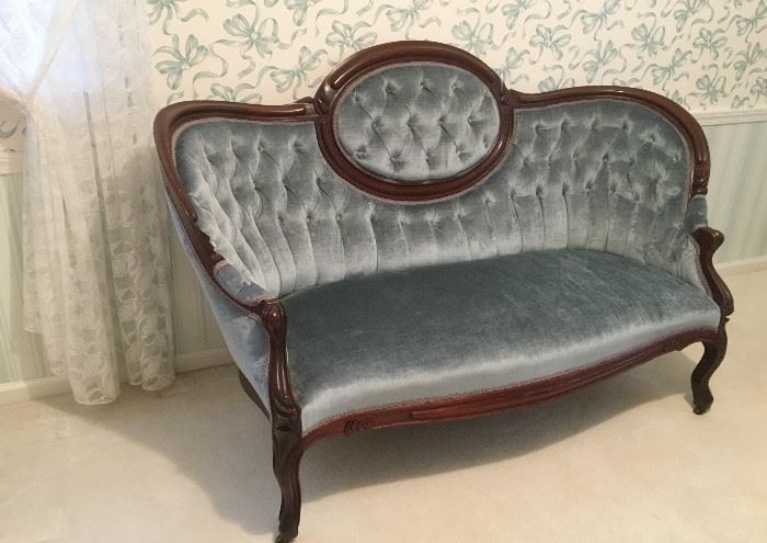 Victorian sofa with medallion back. This one was upholstered by Paul's also. You can actually sit on these reupholstered pieces-they are better than new.
