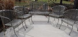 4 Large Wrought Iron Barrel Back Chair by Woodard and Bench