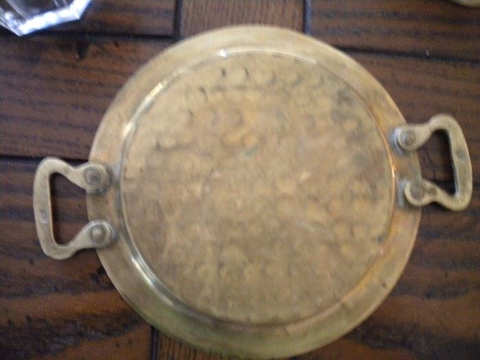 Vintage brass tobacco jar, tray and match holder
