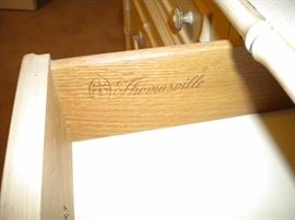 Thomasville vintage off white bedroom set with bamboo trim/accent dresser with mirror & desk with lighted hutch, 2 nights stands and 2 twin beds.