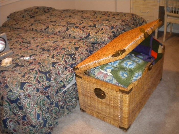 Wicker chest, quilt, blankets and more