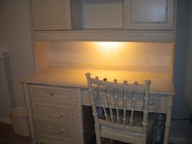 Thomasville vintage off white bedroom set with bamboo trim/accent dresser with mirror & desk with lighted hutch, 2 nights stands and 2 twin beds.