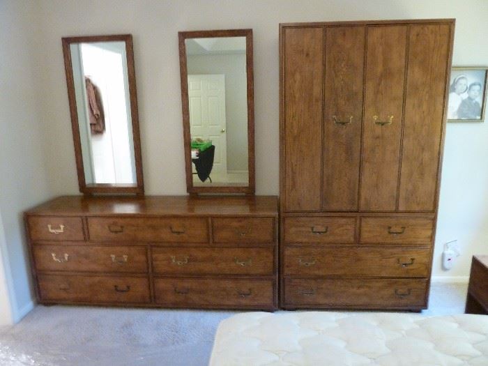 Henerdon Artefacts bedroom furniture dresser and two mirrors, chest with amoire, 2 night stands and headboard. Two twin bed mattresses,box springs, frame. Makes in to a king.