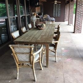 Solid wood "farm" table with 8 rattan chairs