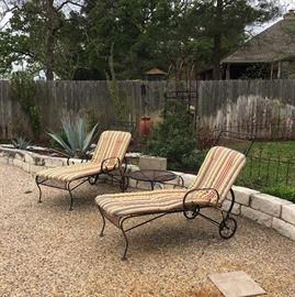 Iron lounge chairs, side table, fencing
