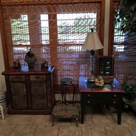 Copper topped cabinet, stool, side tables, lamps