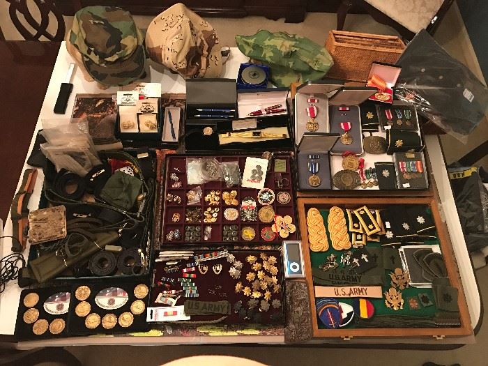 Military Insignia, Bars, Pins, US Army, maple leaf pins, Merit Ribbons, buttons, belts, etc.