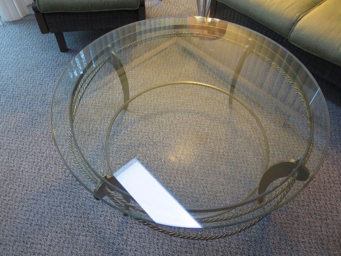 Swaim Furniture.  Brass & Glass Round Coffee / Cocktail Table With Rope Detail.  44'' Diameter x 17 1/2'' H