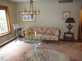 Wrought Iron Metal Table, floral sofa, , end table, lamps, art 