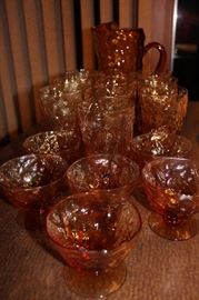 Amber/textured vintage pitcher and matching glasses