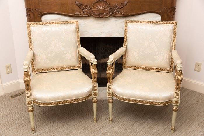 Pair of French Empire Style Cream and Gold Painted Fauteuils, mid-late 20th century. Est. $ 1,500 – 2,000.