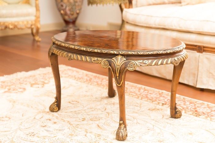 Queen Anne Style Walnut and Burl-Walnut and Antiqued Gold Metal Leaf Highlighted Decoration Low Table, 20th century, probably English. Est. $ 500 – 800.