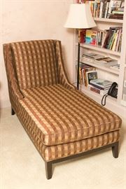 Modern style chaise with custom upholstered plaid fabric. Approximate Retail $795.