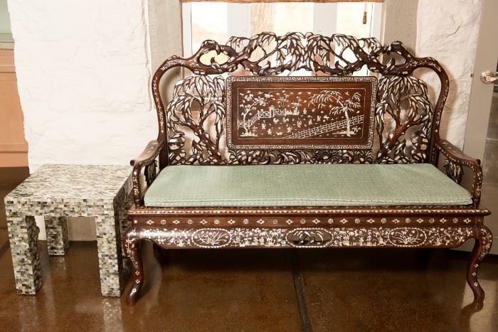 Very ornate and detailed asian style inlaid mother of pearl settee-loveseat.    STARTING BID $200 --- FIND MORE ITEMS ON OUR LIVE AUCTION WEBSITE! 