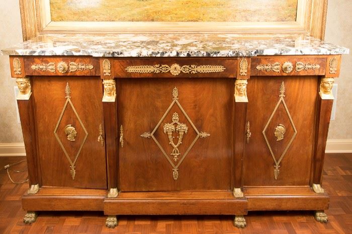 French Empire Style Ormolu-Mounted Walnut, Burl-Walnut, Mahogany and Marble Server (sideboard), STARTING BID: $1000 --- FIND MORE ITEMS ON OUR LIVE AUCTION WEBSITE! 