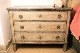 Pair of Louis XVI Provincial Polychrome Hand-Painted and Faux Marble Top Commodes, late 18th- early 19th century. Est. $ 7,000+.