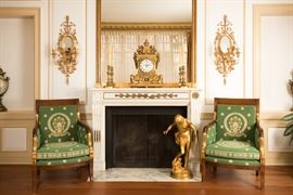 Pair of Charles X Fruitwood and Gilt Dolphin Armchairs, early-mid 19th century, probably 1825, French. Est. $2,500 – 3,500.
