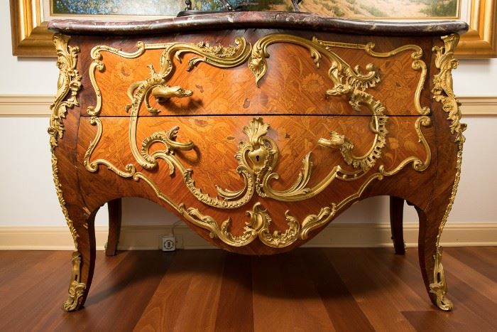 Louis XV Style Ormolu-Mounted Kingwood, Rosewood and Marquestry and Sarrancolin Marble Commode, late -- STARTING BID $600 - FIND MORE ITEMS ON OUR LIVE AUCTION WEBSITE! 
