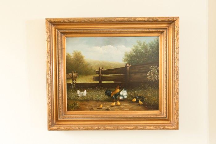American School (mid-late 20th century) “Untitled (Chickens)”, oil on canvas, signed Hart. Est. $400+ STARTING BID: $50 -- FIND MORE ITEMS ON OUR LIVE AUCTION WEBSITE! 
