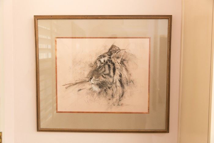 Richard Schmid (1934- ) American “#665 Sumatra Tiger”, charcoal, 1971. Est. $ 1,800 – 2,400.   STARTING BID: $360 -- FIND MORE ITEMS ON OUR LIVE AUCTION WEBSITE! 