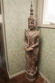 This large carved wooden statue stands to an impressive height of 60 inches and its Buddhist-inspired...  STARTING BID: $60  ---- VIEW ALL OUR ITEMS AND THEIR DETAILS ON OUR LIVE AUCTION WEBSITE! 