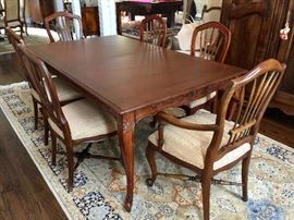 Century Furniture for Domain Country French Dining Room Table w/ one 20’’ Leaf (44’’ x 73’’ x 30’’) and
8 Dining Chairs (6 Side, 2 Armchairs) (23’’ x 20’’ x 40’’)