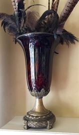 Pair of Tortoise Colored Glass Vases w/ Feather Arrangement