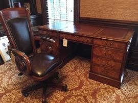 Antique Mahogany & Burl Wood 3 Piece Desk w/ Embossed Leather Inlay
