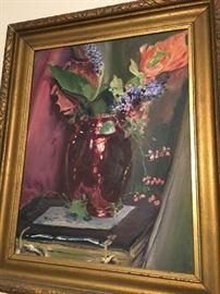 Still-life floral painting by early Texas artist Hanna Walker (1876-1945). Born and raised in Luling Texas she studied under fellow Texas artists Jose Arpa, Xavier Gonzalez, and Harry Anthony De Young. Her works have been included in exhibitions such as: Texas Artists Exhibition, San Antonio Art League (1926); Edgar B. Davis Competition, San Antonio (1927-29); Annual Texas Artists Exhibition, Fort Worth (1927); Elisabeth Ney Museum, Austin (1931).