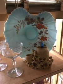 Bridal basket, hand painted, etched stemware, soaqpstone sculpture