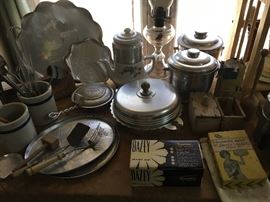 Aluminum ware , Cake dishes, Crocks, Whisks Oil :Lantern, Butter Molds, more!