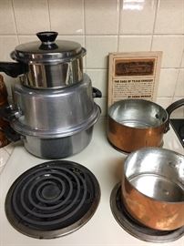 French copper saucepans, vintage Stainles pots and pans