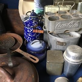 enamelware, advertising, coca cola carrier, cast iron