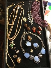 Bead necklaces, Navy pin, Art Deco brooch and earring set. Faux and real pearl jewelry